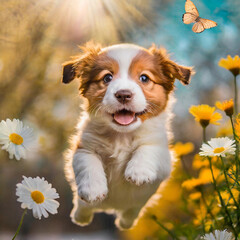 봄들판을 뛰어노는 아기 강아지