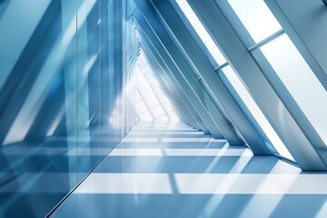 3d view of an hallway with blue and silver lighting and white floor with angled window