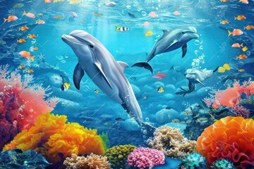 Obraz na płótnie Canvas wallpaper tropical sea dolphin underwater