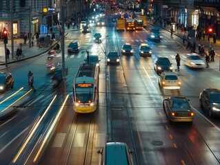 Fototapeta na wymiar Busy urban street scene with cars and tram in motion at night, showcasing the dynamic nature of city life