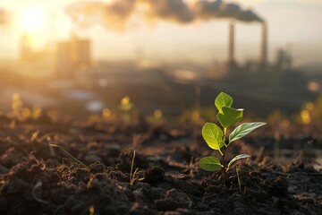 Small plant in soil close-up on the background of the city and smoking factory chimneys.