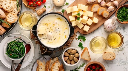 Ingredients for a cheese fondue spread out on a table - obrazy, fototapety, plakaty