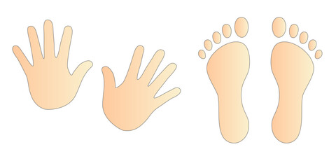 Human footprints and hands vector isolated set on white background. Foot prints of person in boots. Human feet and hands.