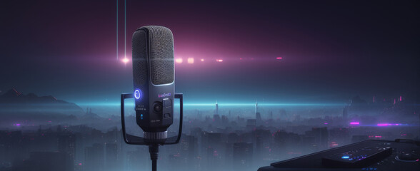 A microphone with a city in the background at night time with lights on it and a keyboard in front of it - obrazy, fototapety, plakaty