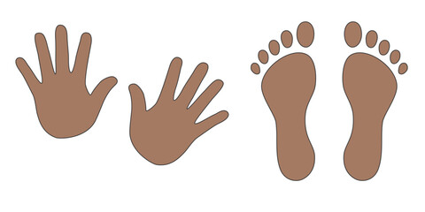 Human footprints and hands vector isolated set on white background. Foot prints of person in boots. Human feet and hands.