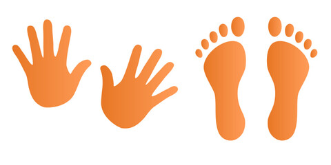 Obraz premium Human footprints and hands vector isolated set on white background. Foot prints of person in boots. Human feet and hands.
