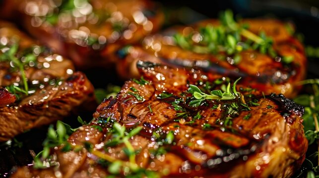 Close-up image of succulent grilled steaks with a shiny glaze and garnished with fresh green herbs, conveying a sense of gourmet cooking