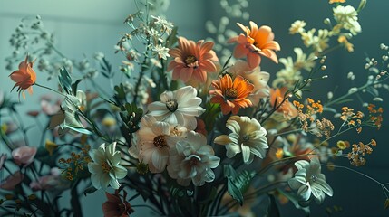 Obraz na płótnie Canvas premium flowers, meticulously arranged at the center of the screen, featuring photorealistic details and impressive cinematic composition with vivid, high-resolution imagery.