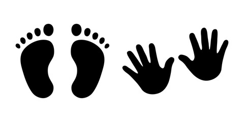Baby footprints and hands vector isolated set on white background. Foot prints of barefoot person. Children's feet and hands.