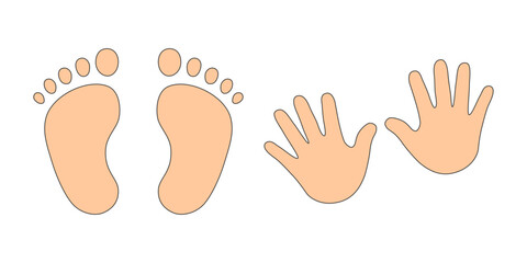 Baby footprints and hands vector isolated set on white background. Foot prints of barefoot person. Children's feet and hands.
