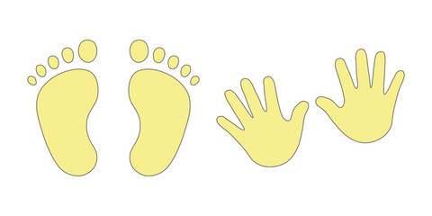 Baby footprints and hands vector isolated set on white background. Foot prints of barefoot person. Children's feet and hands.