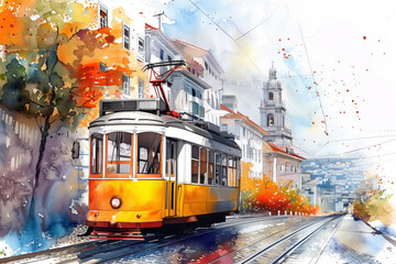 Hand-drawn watercolor Lisbon tram yellow isolated, watercolor, white background 