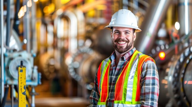A smiling industrial worker with protective gear posing confidently in an industrial setting