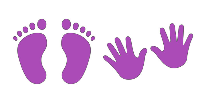 Baby footprints and hands vector isolated set on white background. Foot prints of barefoot person. Children's feet and hands.