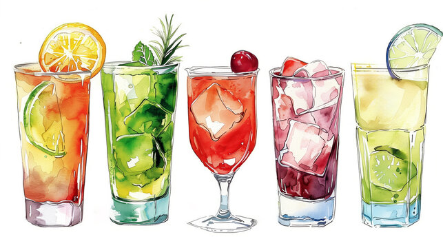 Hand-drawn watercolor mix cocktails isolated on white background, watercolor, white background 
