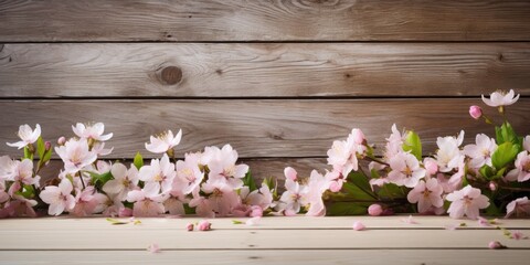 Fototapeta na wymiar Wooden table adorned with spring blossoms as a backdrop decoration.