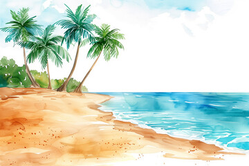 Obraz premium Hand-drawn watercolor of summer tropical beach with golden sand, watercolor, background with a pace for text