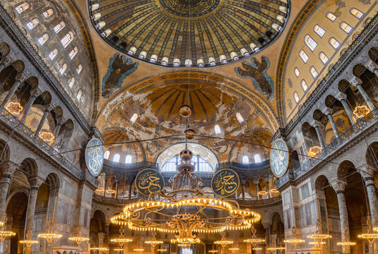 Istanbul, Turkey - April 15, 2023: A picture of the colorful and gorgeous interior of the Hagia Sophia, in Istanbul.