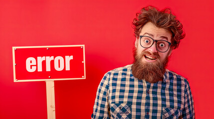 Bewildered man with error sign on red background - obrazy, fototapety, plakaty