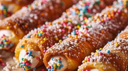 Indulge in the delectable taste of cannoli pastries, crispy tube-shaped shells filled with a sweet creamy filling and adorned with a colorful sprinkle topping.  - obrazy, fototapety, plakaty