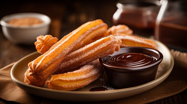 Delight in the crispy perfection of long churro sticks, topped with sweet sugar icing, best enjoyed alongside a rich and luscious chocolate sauce. A truly indulgent pairing.