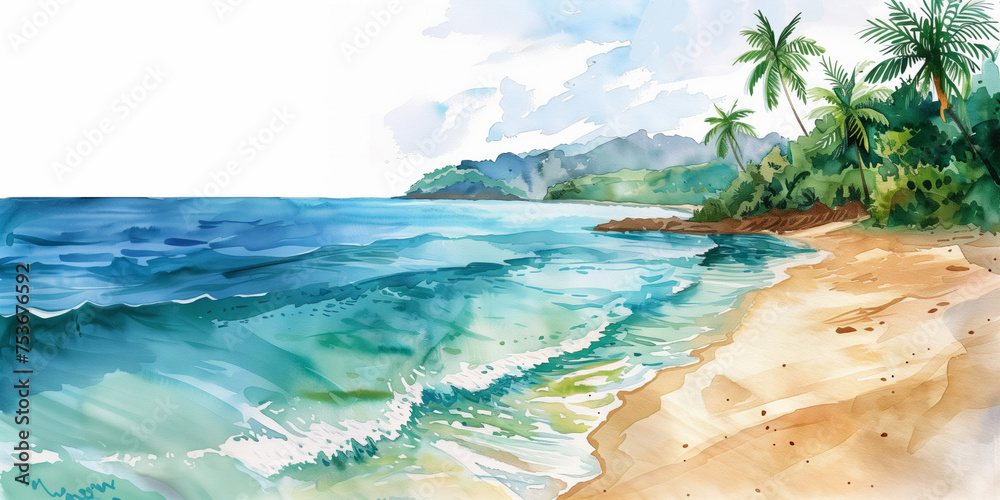 Sticker Hand-drawn watercolor of summer tropical beach with golden sand, watercolor,  background with a pace for text