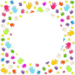 Circle frame with pattern of hand imprints. Background with human children's and adults hands imprint.