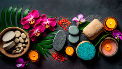 skin care spa set, decoration, candle and towels, oil bottle and green leaves and blossoms. Generative AI,