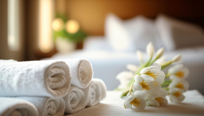 Fototapeta na wymiar Rolled clean fresh cotton white towels indoors in a hotel. Generative AI,