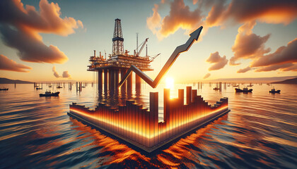 Oil Prices Rising with Drilling Rig at Sunset - obrazy, fototapety, plakaty