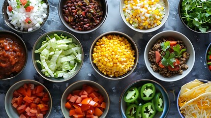 Ingredients for a build-your-own taco salad arranged in bowls