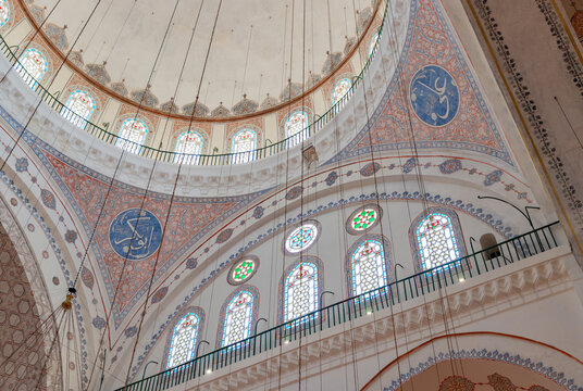 Istanbul, Turkey - April 15, 2023: A picture of the colorful and gorgeous interior of the Beyazit Mosque, in Istanbul.