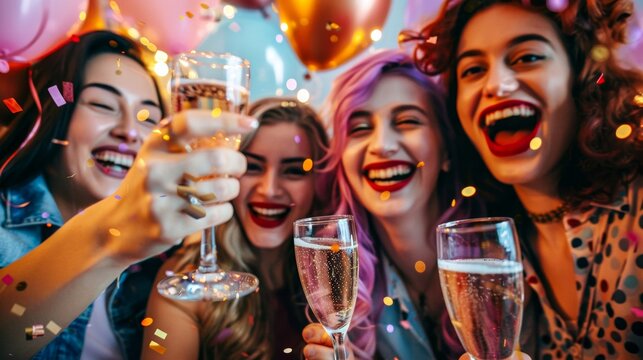 A vibrant scene of friends cheerfully toasting with champagne, capturing the joy and excitement of a celebration or party
