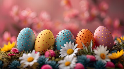 Hand painted Easter eggs in a row with daisies and a pink flowery background