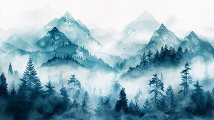 Misty mountain landscape with forest, watercolor painting style, watercolor, white background 