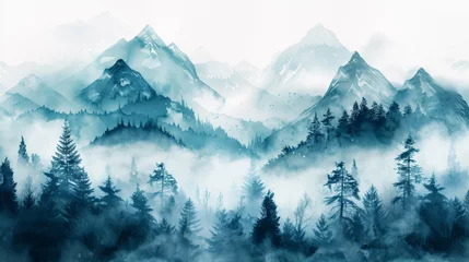 Gordijnen Misty mountain landscape with forest, watercolor painting style, watercolor, white background  © fotogurmespb
