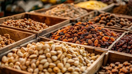 An up-close view of various dried nuts packed in wooden trays creates a texture-rich scene