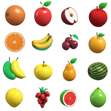 3d render fruits icon pack on isolated transparent background png, generated with AI