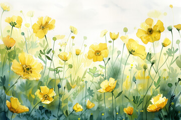 Pastel yellow watercolor meadow flowers on paper background, watercolor,  background with a pace for text