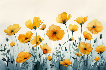 Fototapeta premium Pastel yellow watercolor meadow flowers on paper background, watercolor, background with a pace for text