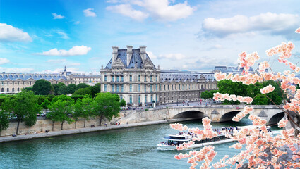Pris cityscape with Louvre, boat and river Siene at spring, Paris, France - obrazy, fototapety, plakaty