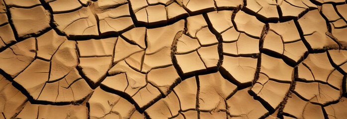 Banner Cracked dry clay soil texture or background. Effects of climate change, desertification and droughts with space for copying. - obrazy, fototapety, plakaty