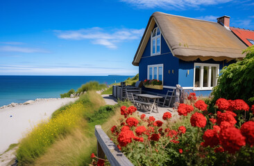 Coastal blue house with a thatched roof and red flowers.