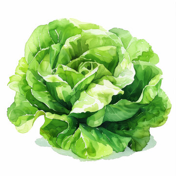 Watercolor art image of fresh green lettuce salad, watercolor, white background 