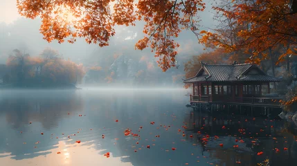 Zelfklevend Fotobehang Traditional japanese house on lake autumn season AI Image Generative © Anditya