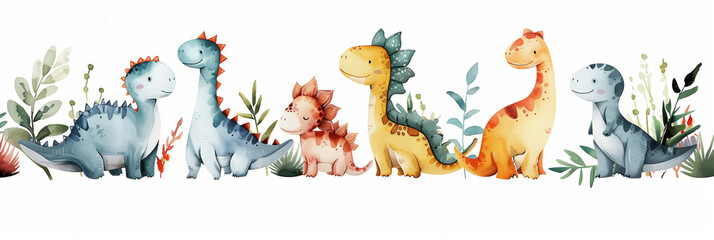 Watercolor baby dinosaurs and animals for nursery decor, watercolor, white background 