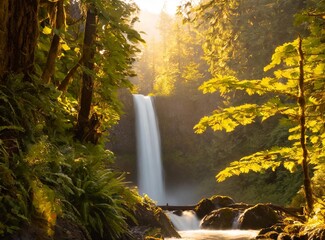 Picturesque waterfall through a rainforest environment in a remote area of Oregon's Columbia.