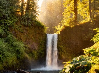 Picturesque waterfall through a rainforest environment in a remote area of Oregon's Columbia.