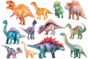 Watercolor dinosaur collection with vibrant design elements, watercolor, white background 