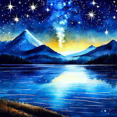호수 위 밤하늘의 별 - obrazy, fototapety, plakaty